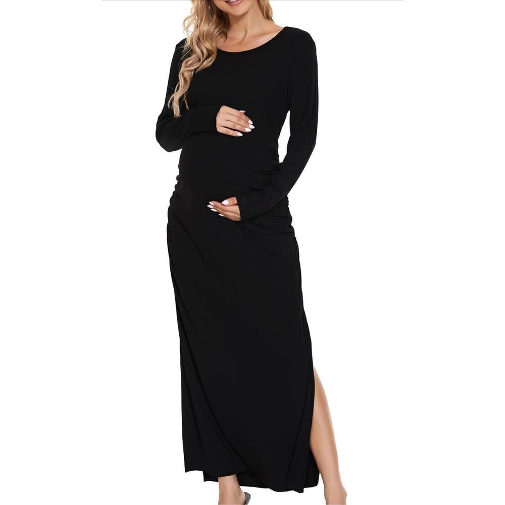 NEW Black Split Maternity Dress Long Sleeve Maxi Ruched S